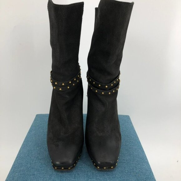 Miu Miu Black Leather Heeled Booties w Gold Studs and Studded Belt Detail size 8 - Picture 3 of 12